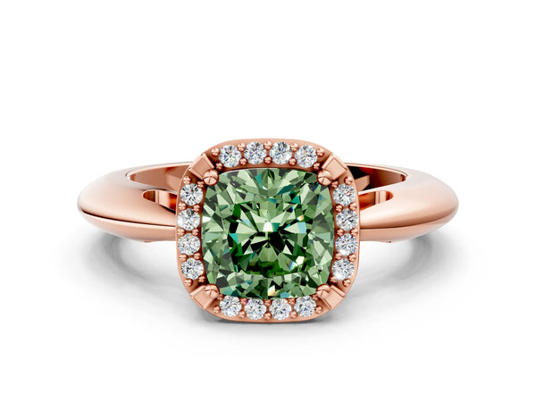 Rose gold Fancy Green Cushion  Cut Diamond Halo Engagement Ring with Split Shank and Four-Prong Setting