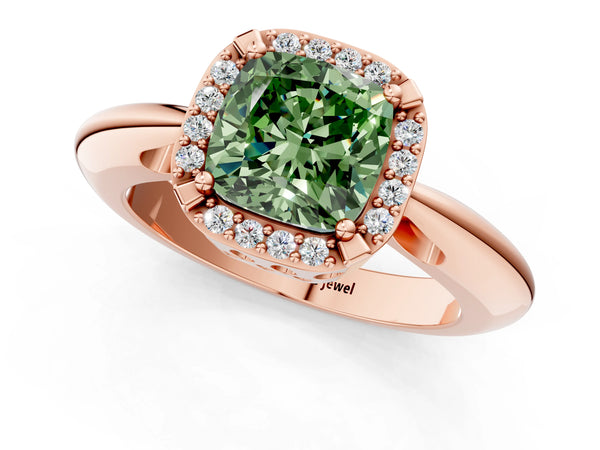 Rose gold Fancy Green Cushion  Cut Diamond Halo Engagement Ring with Split Shank and Four-Prong Setting
