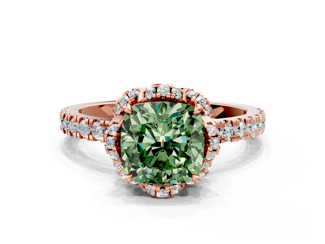 Rose gold Fancy Green Cushion Cut Diamond Halo Pave Band with Four-Prong Setting_3