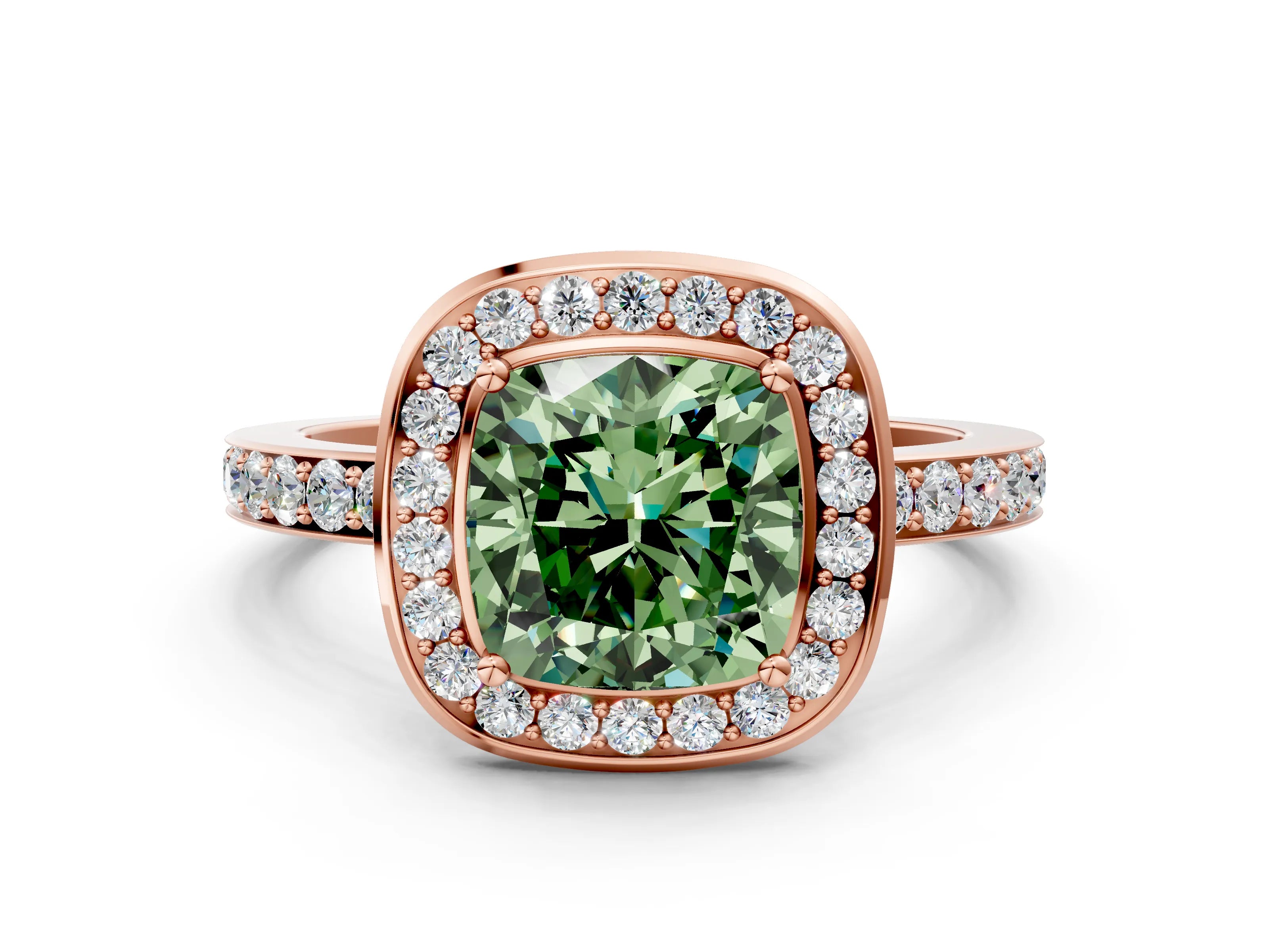 Rose gold Fancy Green Cushion Cut Diamond Halo Ring with Bezel Frame and Pavé Band