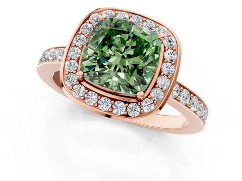 Rose gold Fancy Green Cushion Cut Diamond Halo Ring with Bezel Frame and Pavé Band_1