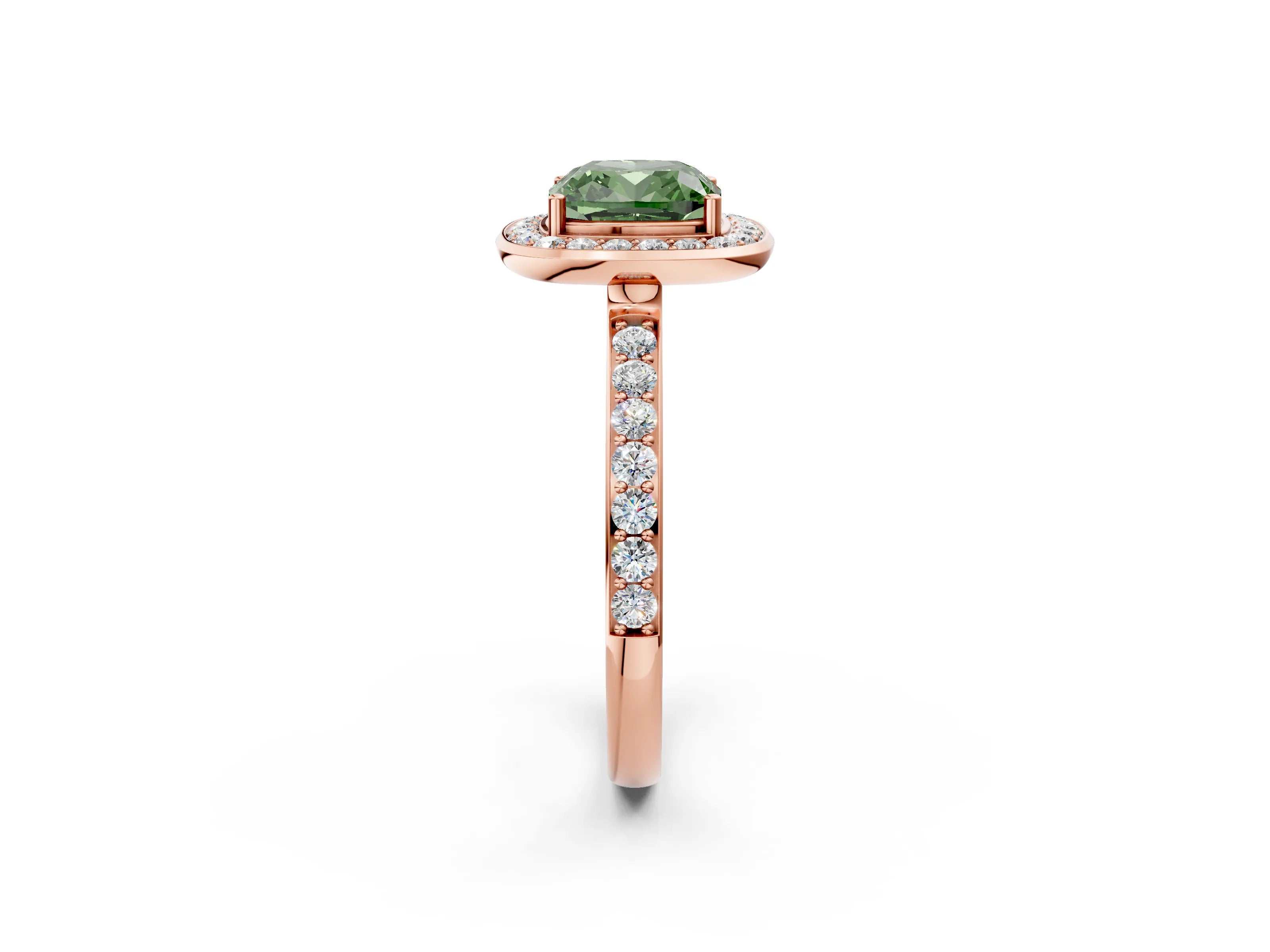 Rose gold Fancy Green Cushion Cut Diamond Halo Ring with Bezel Frame and Pavé Band_2