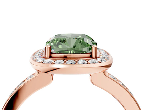 Rose gold Fancy Green Cushion Cut Diamond Halo Ring with Bezel Frame and Pavé Band_4