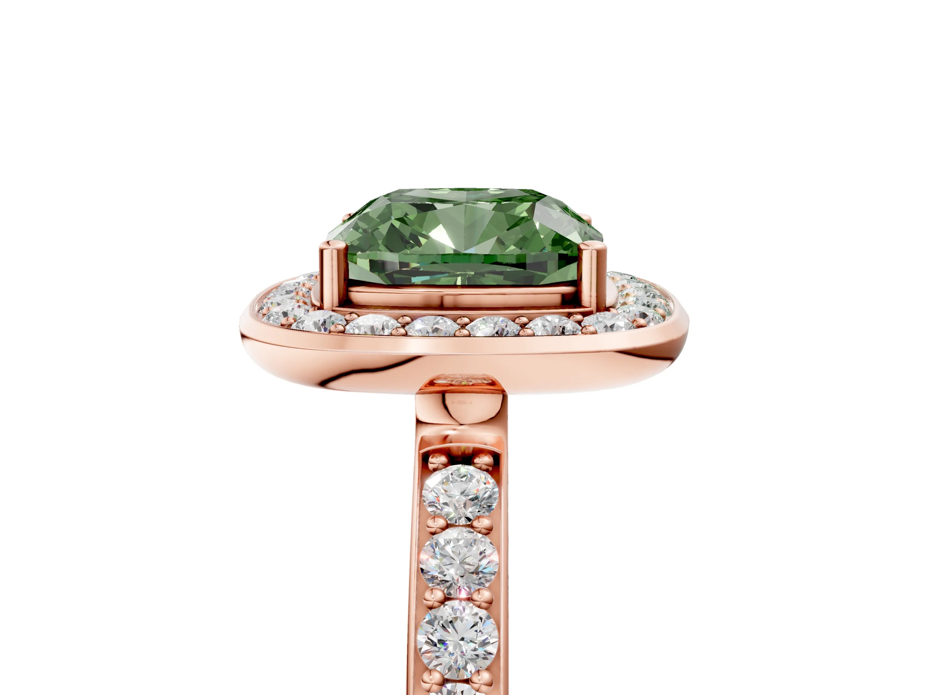 Rose gold Fancy Green Cushion Cut Diamond Halo Ring with Bezel Frame and Pavé Band_5