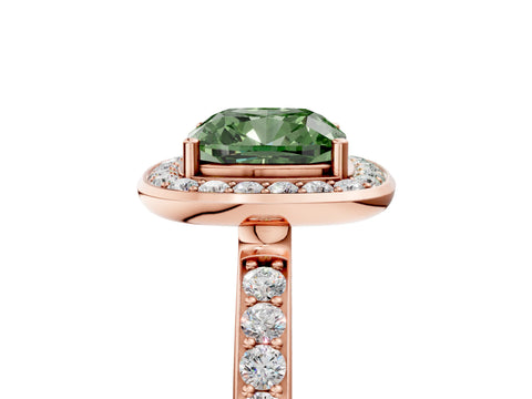 Rose gold Fancy Green Cushion Cut Diamond Halo Ring with Bezel Frame and Pavé Band_5