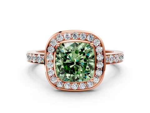 Rose gold Fancy Green Cushion Cut Diamond Halo Ring with Bezel Frame and Pavé Band