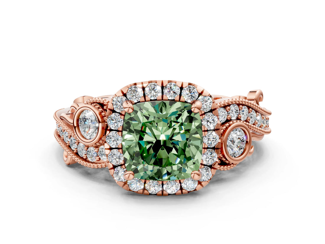 Rose gold Fancy Green Cushion Cut Diamond Halo Ring with Milgrain Pavé Band and Four-Prong Setting_53