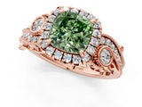 Rose gold Fancy Green Cushion Cut Diamond Halo Ring with Milgrain Pavé Band and Four-Prong Setting_54