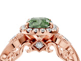 Rose gold Fancy Green Cushion Cut Diamond Halo Ring with Milgrain Pavé Band and Four-Prong Setting_57