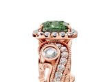 Rose gold Fancy Green Cushion Cut Diamond Halo Ring with Milgrain Pavé Band and Four-Prong Setting_58