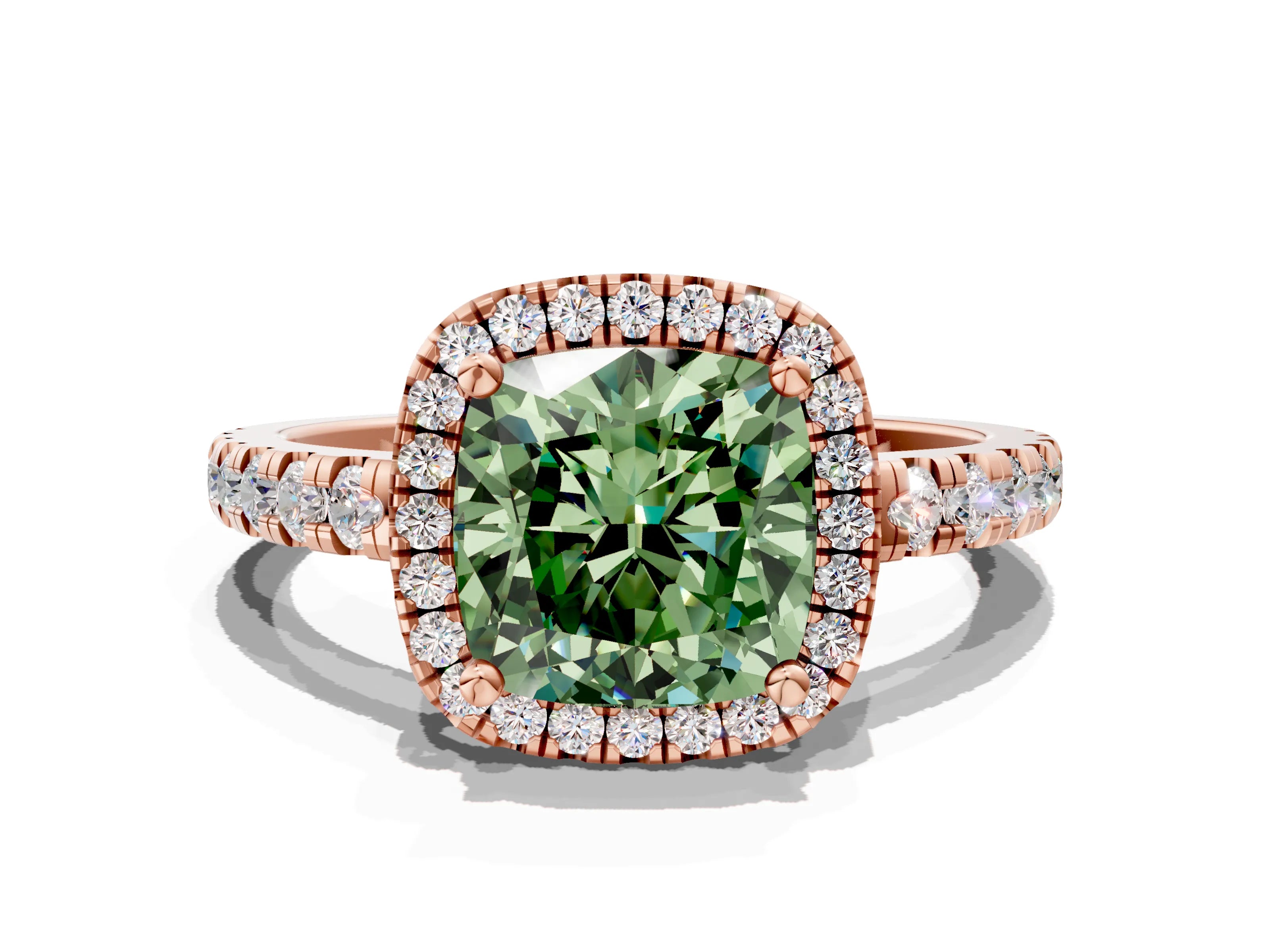 Rose gold Fancy Green Cushion Cut Diamond Halo Ring with Pavé Band and Four-Prong Setting