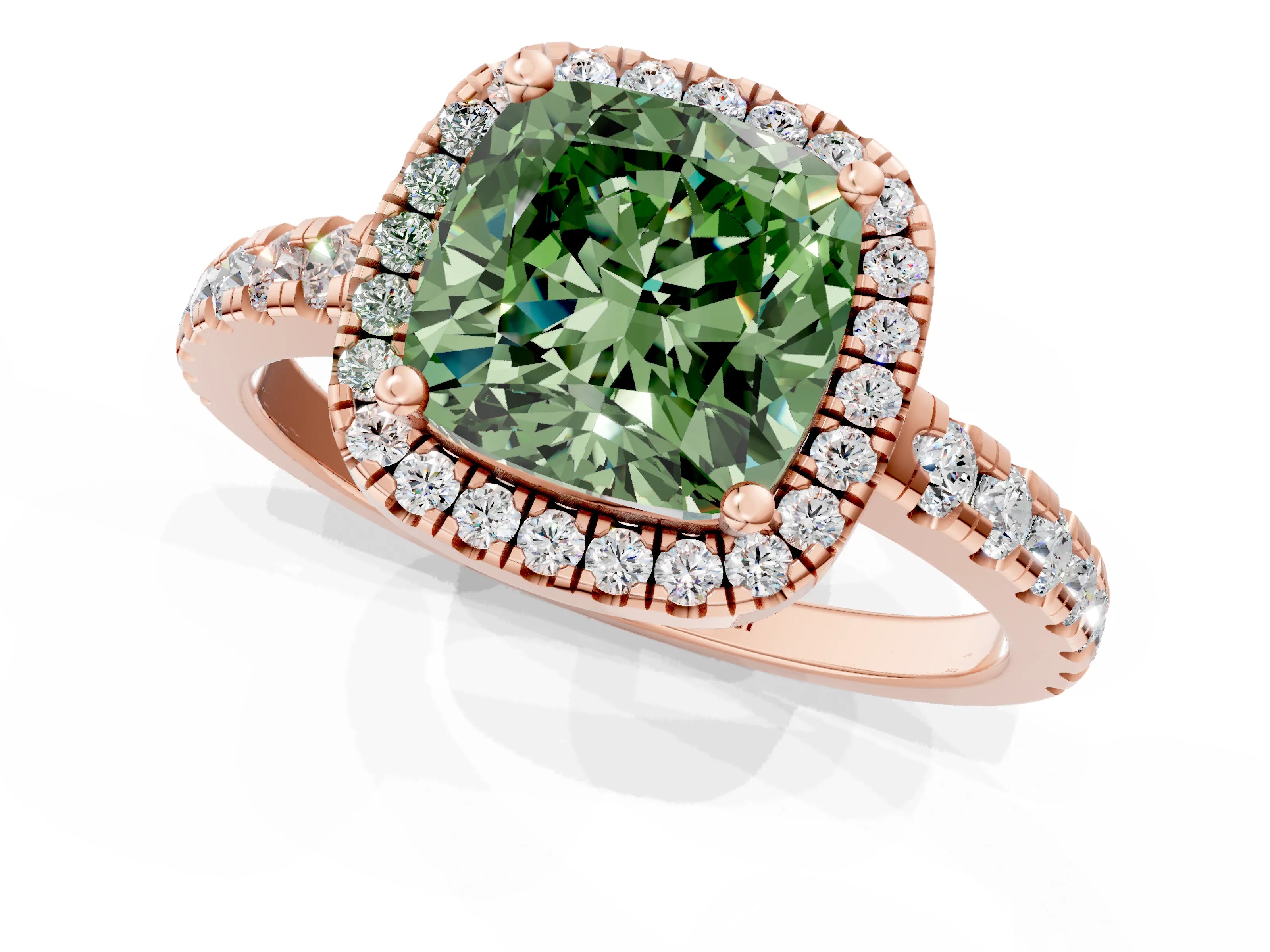 Rose gold Fancy Green Cushion Cut Diamond Halo Ring with Pavé Band and Four-Prong Setting_1