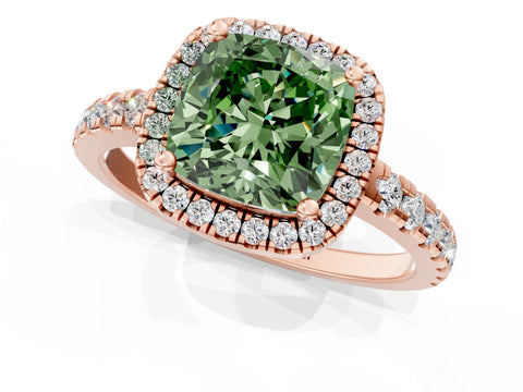Rose gold Fancy Green Cushion Cut Diamond Halo Ring with Pavé Band and Four-Prong Setting_1