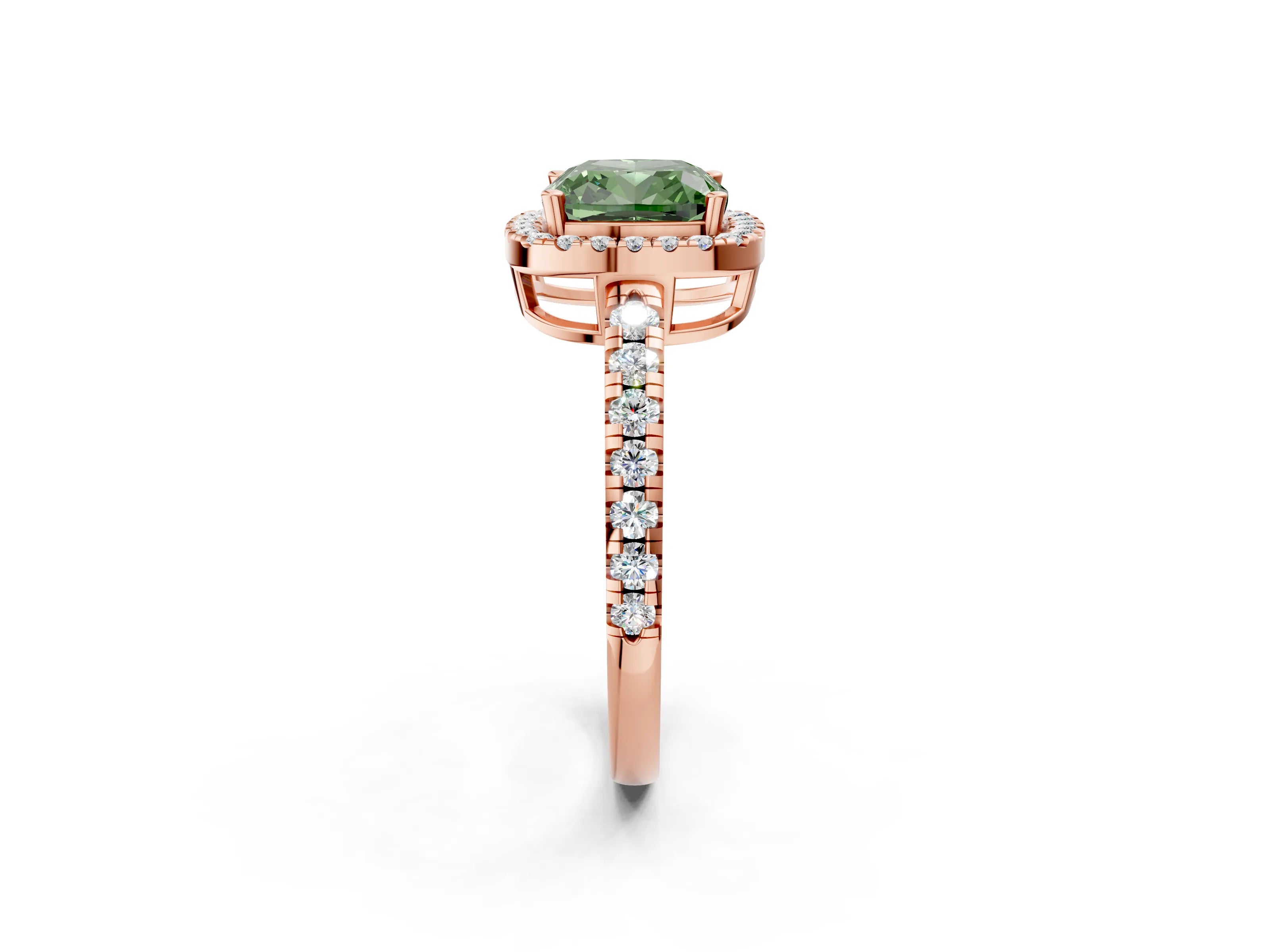 Rose gold Fancy Green Cushion Cut Diamond Halo Ring with Pavé Band and Four-Prong Setting_2