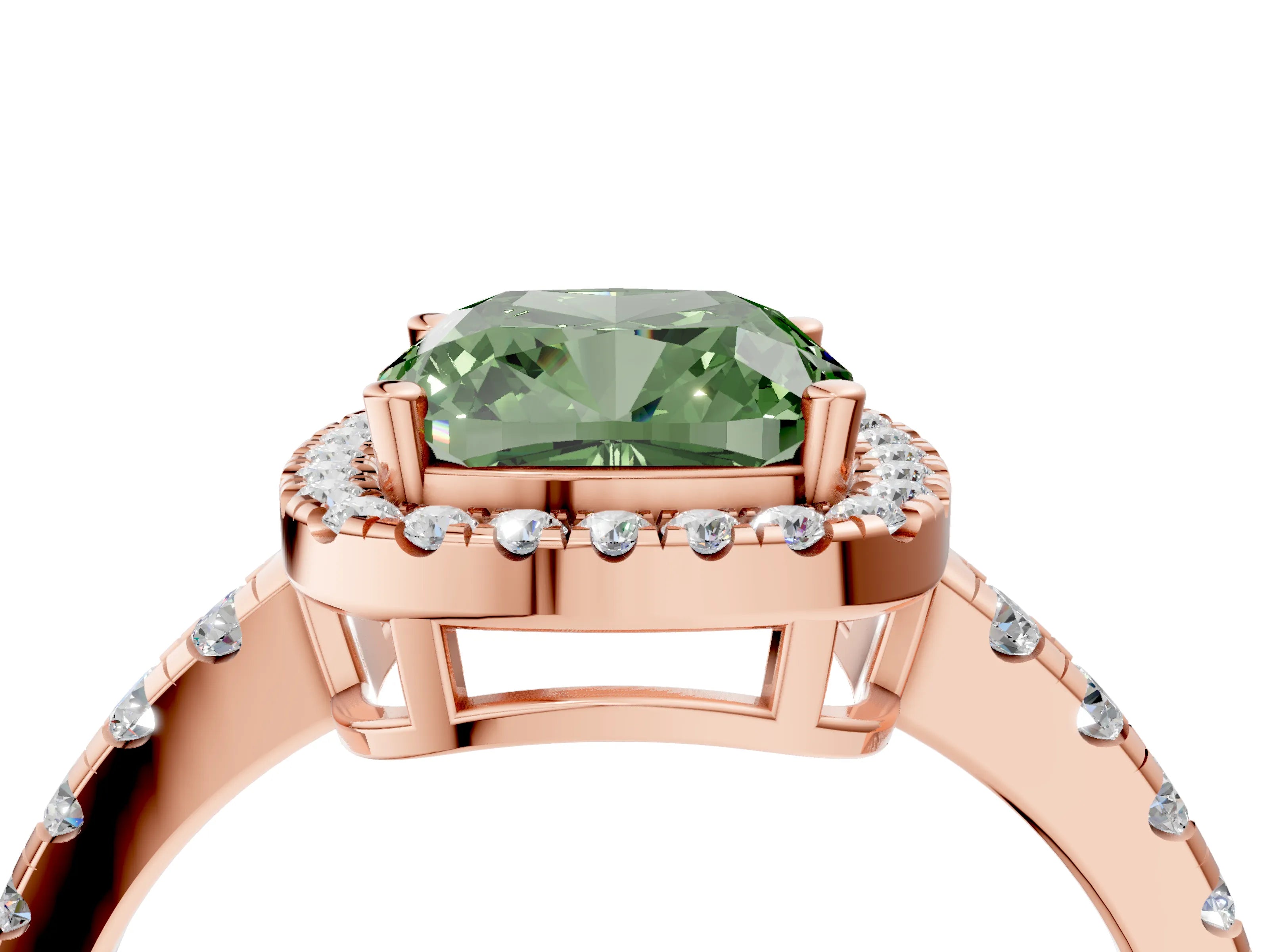 Rose gold Fancy Green Cushion Cut Diamond Halo Ring with Pavé Band and Four-Prong Setting_4