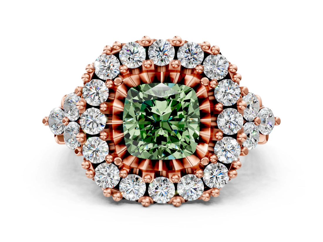 Rose gold Fancy Green Cushion Cut Diamond Halo Ring with Pavé Band and Four-Prong Setting_41