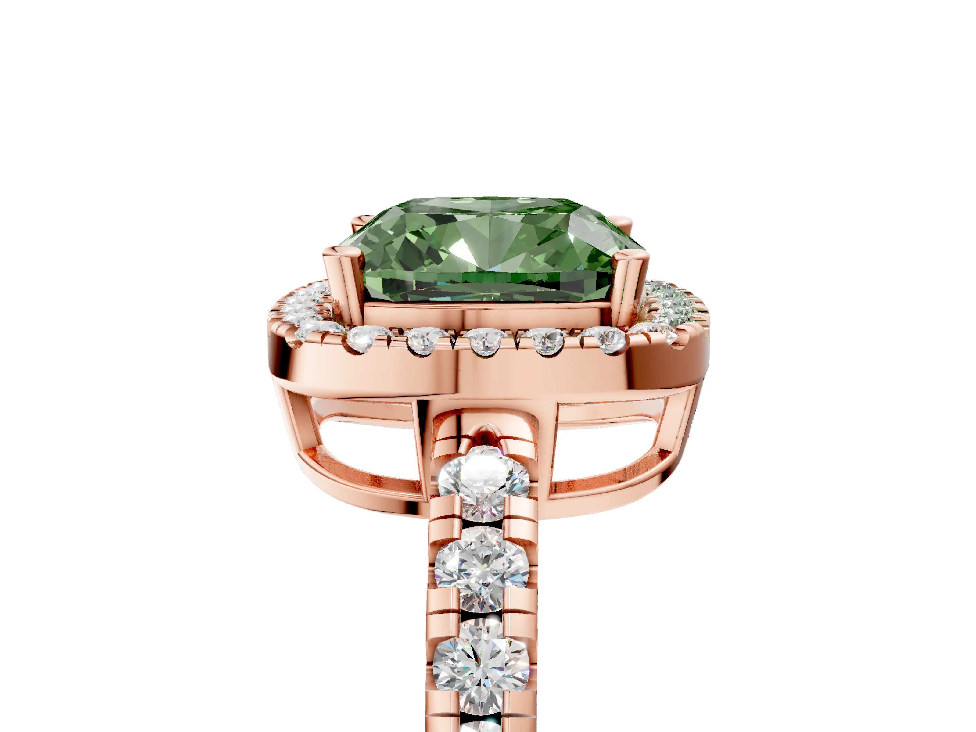Rose gold Fancy Green Cushion Cut Diamond Halo Ring with Pavé Band and Four-Prong Setting_5