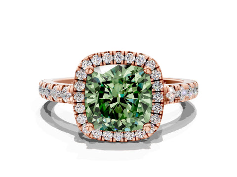 Rose gold Fancy Green Cushion Cut Diamond Halo Ring with Pavé Band and Four-Prong Setting