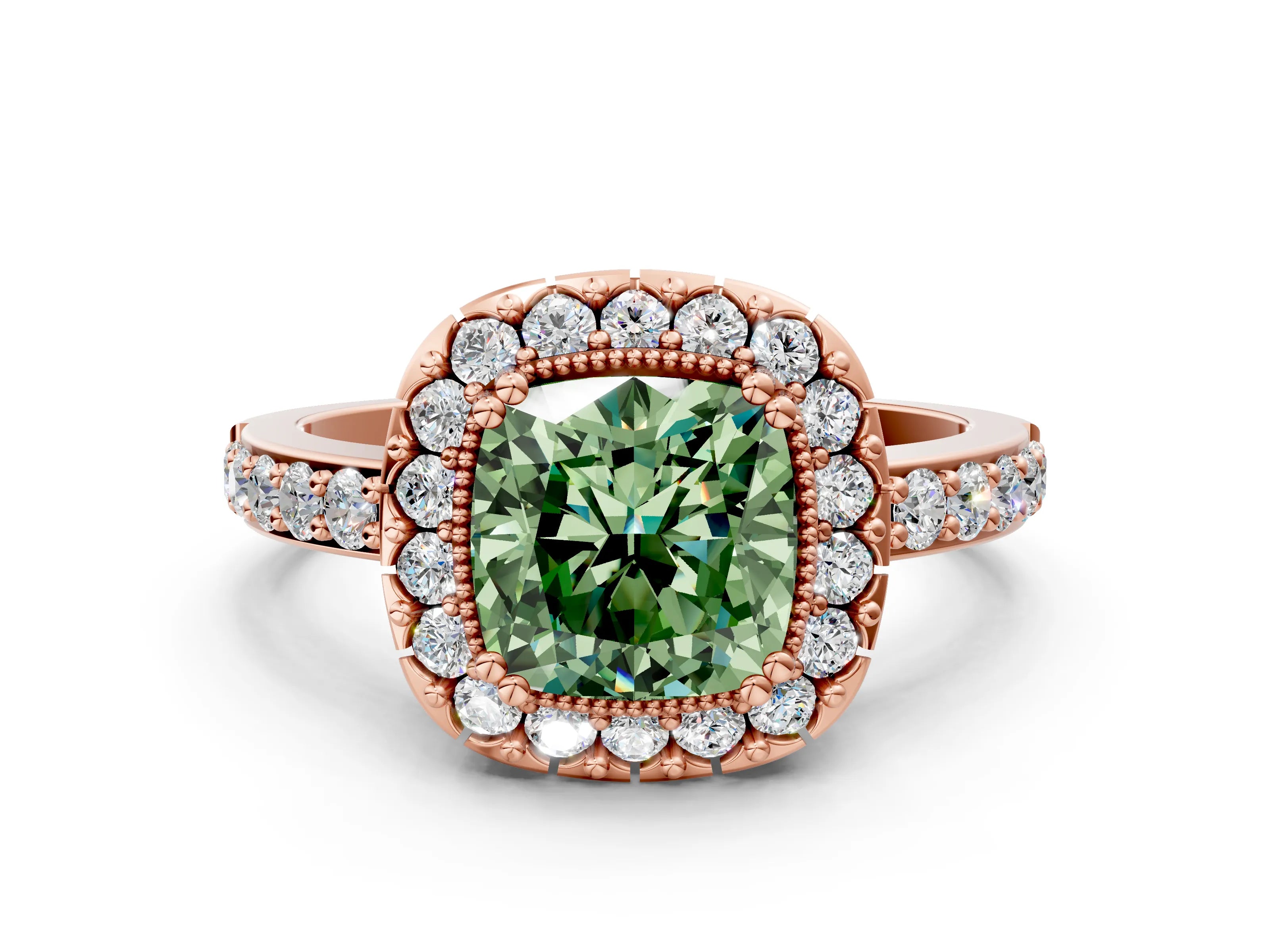 Rose gold Fancy Green Cushion Cut Diamond Halo Ring with Pavé Band and Prong Setting