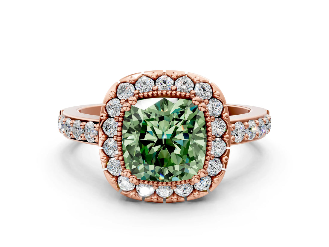 Rose gold Fancy Green Cushion Cut Diamond Halo Ring with Pavé Band and Prong Setting