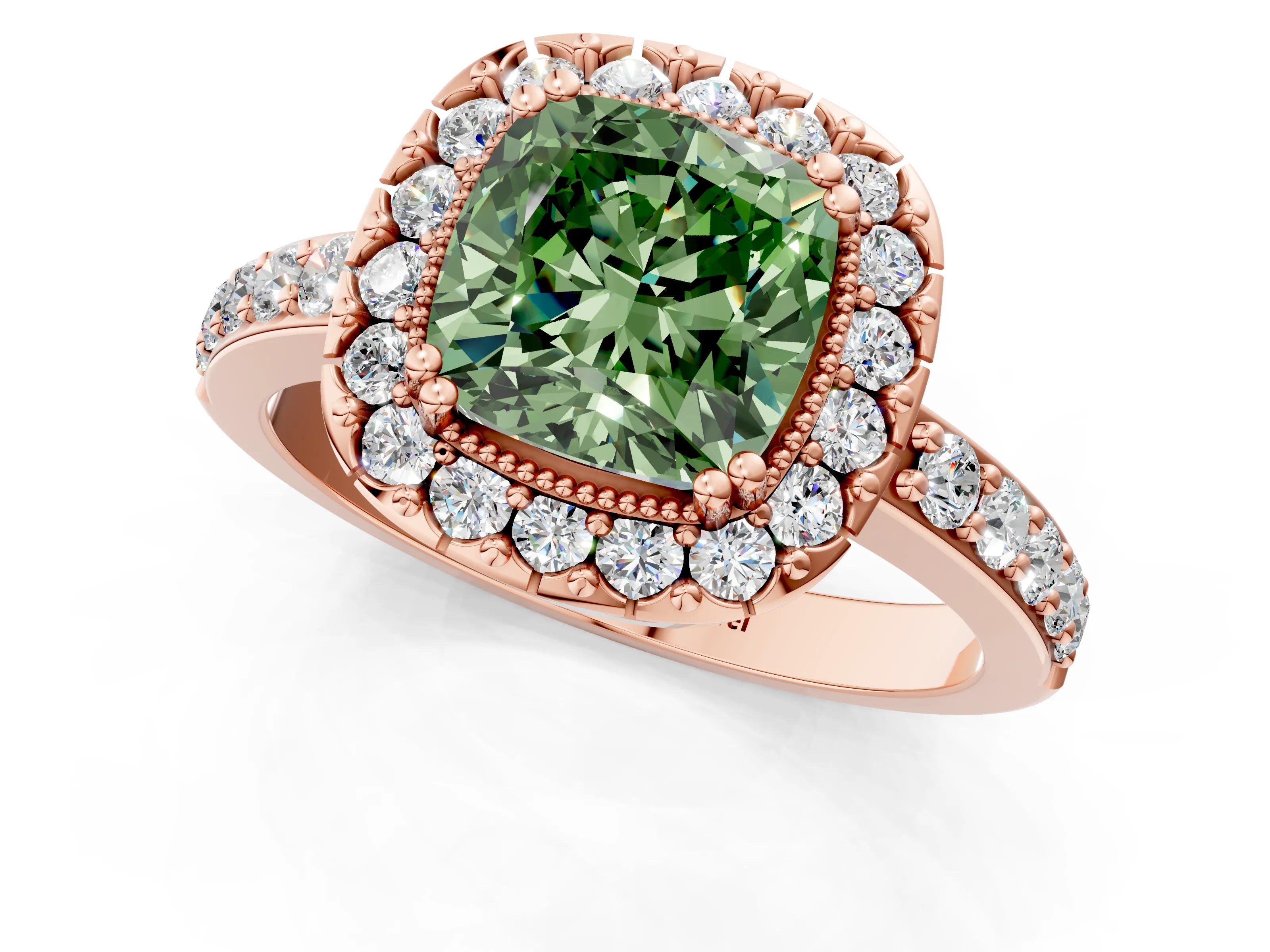 Rose gold Fancy Green Cushion Cut Diamond Halo Ring with Pavé Band and Prong Setting_1