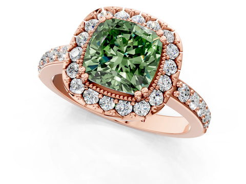 Rose gold Fancy Green Cushion Cut Diamond Halo Ring with Pavé Band and Prong Setting_1