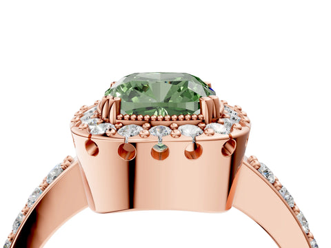 Rose gold Fancy Green Cushion Cut Diamond Halo Ring with Pavé Band and Prong Setting_4