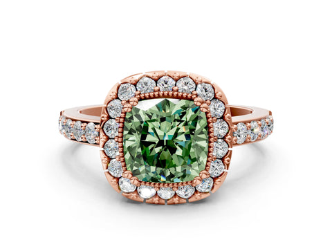 Rose gold Fancy Green Cushion Cut Diamond Halo Ring with Pavé Band and Prong Setting