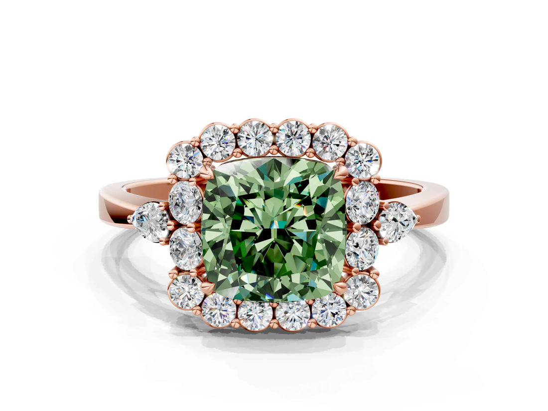 Rose gold Fancy Green Cushion Cut Diamond Halo Ring with Pear Side Stones and Prong Setting_62