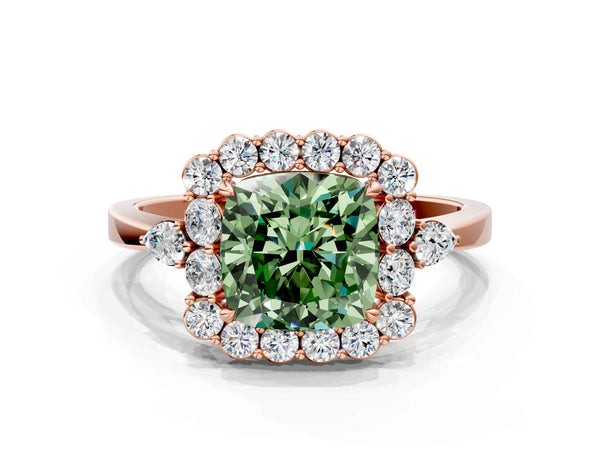 Rose Gold Cushion Cut Halo Engagement Ring Setting for Fancy Green Center with Pear Accents