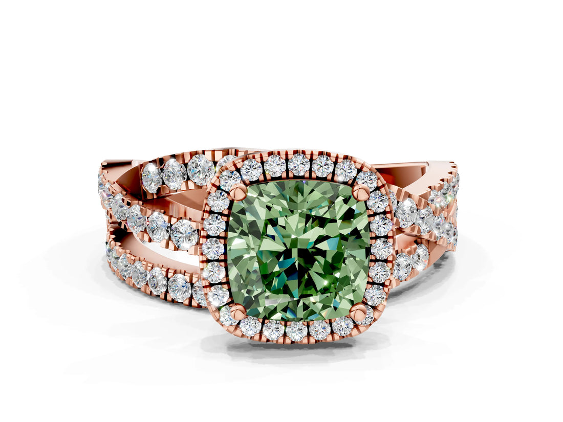 Rose gold Fancy Green Cushion Cut Diamond Halo Ring with Round Split Shank and Prong Setting_36