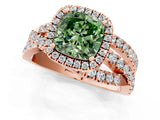 Rose gold Fancy Green Cushion Cut Diamond Halo Ring with Round Split Shank and Prong Setting_37