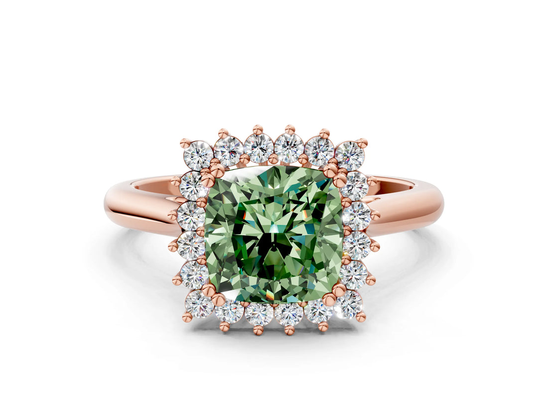 Rose gold Fancy Green Cushion  Cut Diamond Halo Ring with Solitaire Band and Prong Setting_53