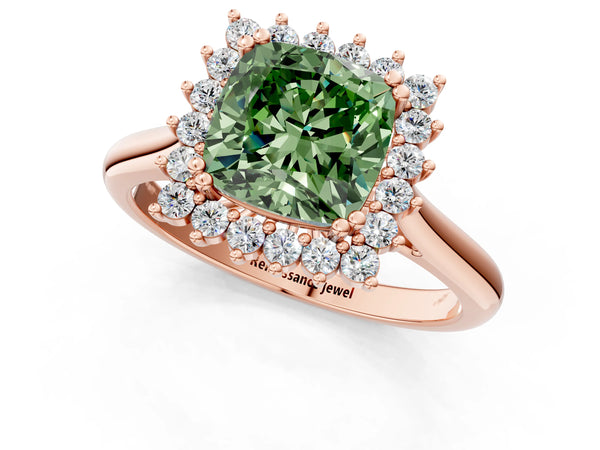 Rose gold Fancy Green Cushion  Cut Diamond Halo Ring with Solitaire Band and Prong Setting