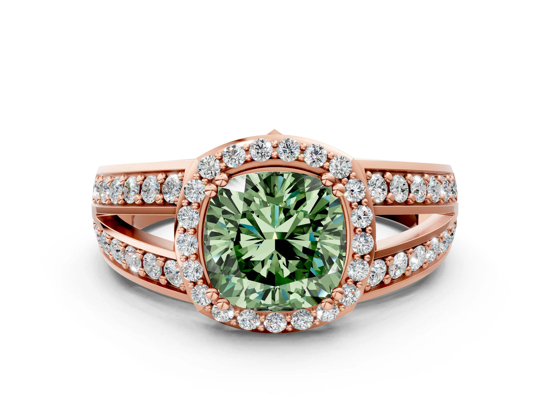 Rose gold Fancy Green Cushion Cut Diamond Halo Ring with Split Shank Pavé Band and Four-Prong Setting