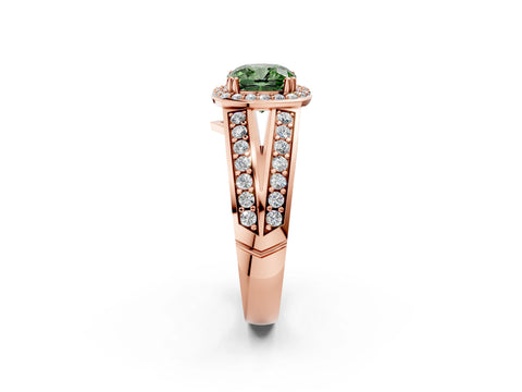 Rose gold Fancy Green Cushion Cut Diamond Halo Ring with Split Shank Pavé Band and Four-Prong Setting_2