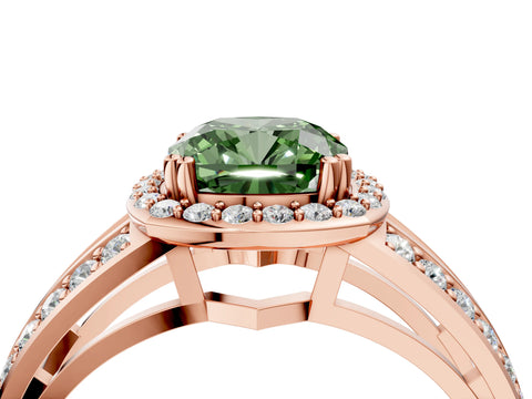 Rose gold Fancy Green Cushion Cut Diamond Halo Ring with Split Shank Pavé Band and Four-Prong Setting_4