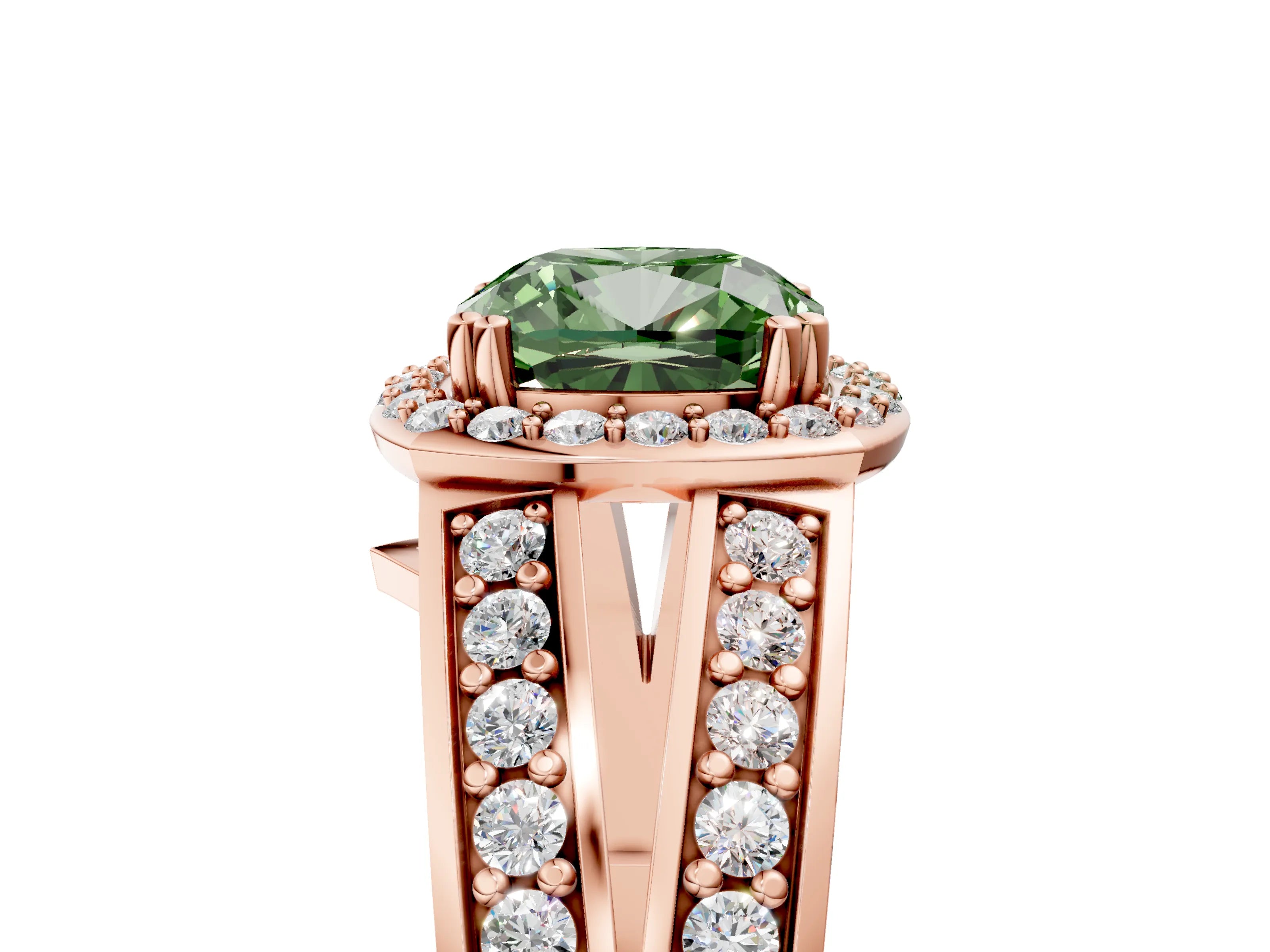 Rose gold Fancy Green Cushion Cut Diamond Halo Ring with Split Shank Pavé Band and Four-Prong Setting_5