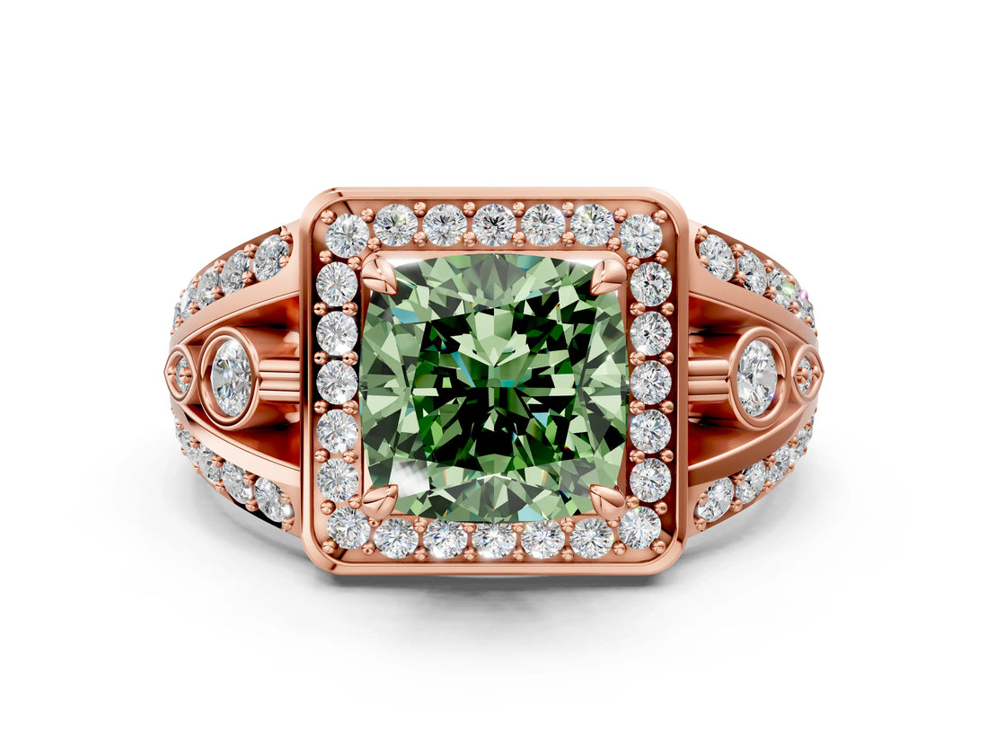 Rose gold Fancy Green Cushion Cut Diamond Halo Ring with Split Shank and Bezel Accents and Four-Prong Setting