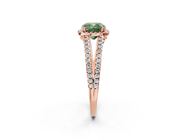 Rose gold Fancy Green Cushion Cut Diamond Halo Split Shank Engagement Ring