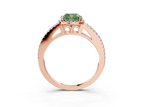 Rose gold Fancy Green Cushion Cut Diamond Halo Split Shank Engagement Ring