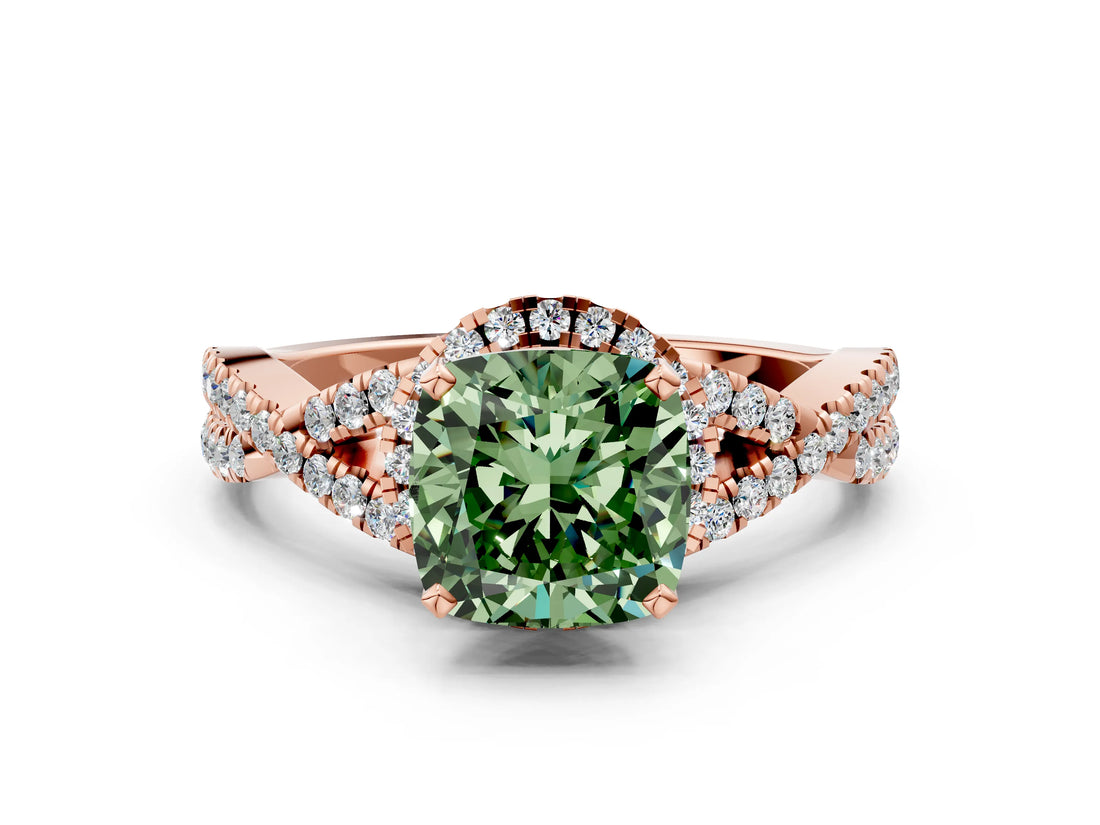 Rose gold Fancy Green Cushion Cut Diamond  Halo Twist Band Solitaire Prong Setting Ring_42