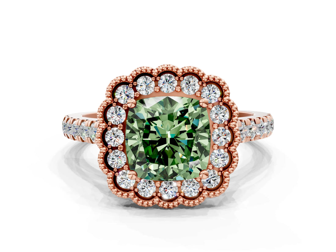 Rose gold Fancy Green Cushion  Cut Diamond Milgrain Floral Halo Engagement Ring with Pavé Band_15
