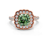 Rose gold Fancy Green Cushion  Cut Diamond Milgrain Floral Halo Engagement Ring with Pavé Band_15
