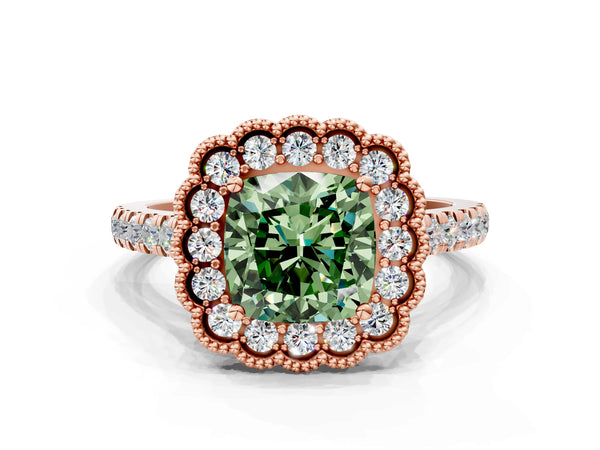 Rose gold Fancy Green Cushion  Cut Diamond Milgrain Floral Halo Engagement Ring with Pavé Band