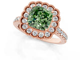 Rose gold Fancy Green Cushion  Cut Diamond Milgrain Floral Halo Engagement Ring with Pavé Band_16