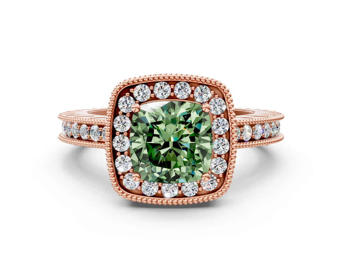 Rose gold Fancy Green Cushion Cut Diamond Milgrain Halo Engagement Ring with Round Pavé Band and Prong Setting_12