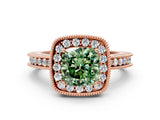 Rose gold Fancy Green Cushion Cut Diamond Milgrain Halo Engagement Ring with Round Pavé Band and Prong Setting_12