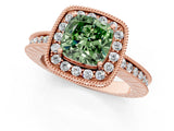 Rose gold Fancy Green Cushion Cut Diamond Milgrain Halo Engagement Ring with Round Pavé Band and Prong Setting_13