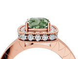 Rose gold Fancy Green Cushion Cut Diamond Milgrain Halo Engagement Ring with Round Pavé Band and Prong Setting_16